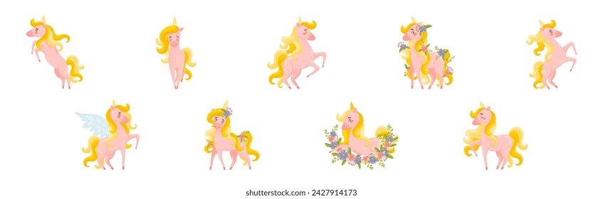 Pink Unicorn with Slender Legs and Golden Mane Vector Set