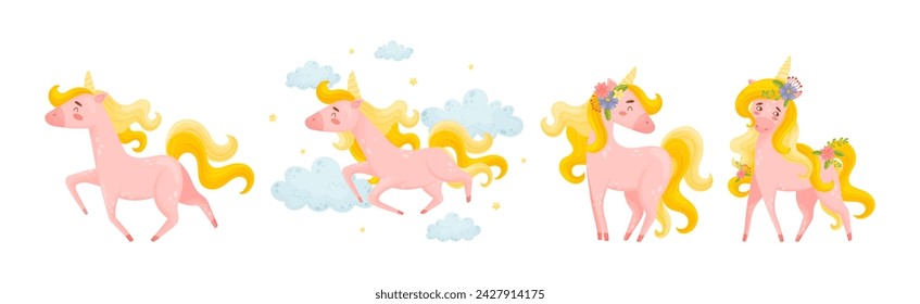 Pink Unicorn with Slender Legs and Golden Mane Vector Set