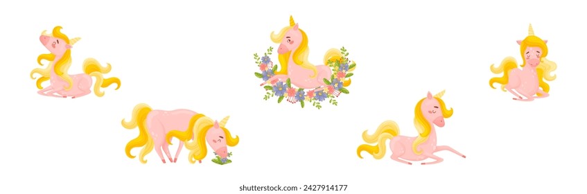 Pink Unicorn with Slender Legs and Golden Mane Vector Set