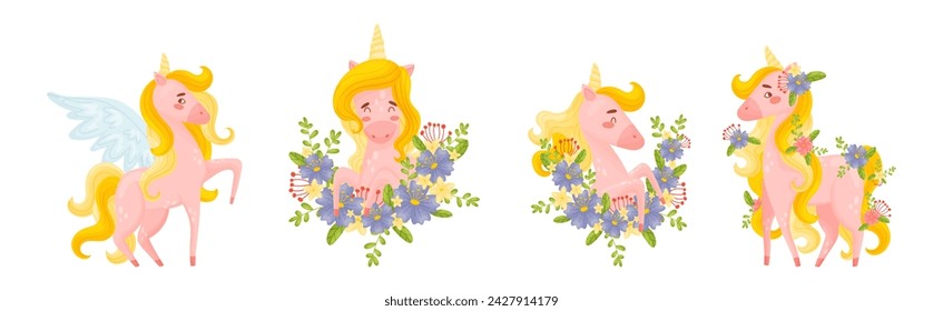 Pink Unicorn with Slender Legs and Golden Mane Vector Set