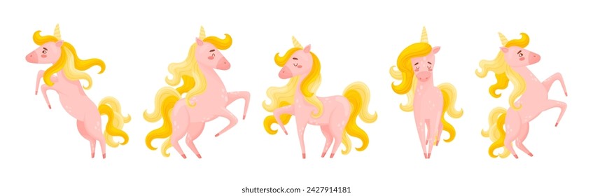 Pink Unicorn with Slender Legs and Golden Mane Vector Set