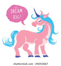 Pink Unicorn with speech bubble -  Dream Big Quote - watercolor vector illustration. Cute unicorn with blue hair and horn with close eyes. Hand drawn grunge paint with brush strokes. Eps 10.
