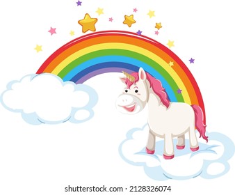 Pink unicorn standing on a cloud with rainbow illustration