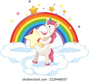 Pink unicorn standing on a cloud with rainbow illustration