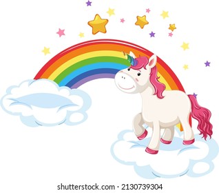 Pink unicorn standing on a cloud with rainbow illustration