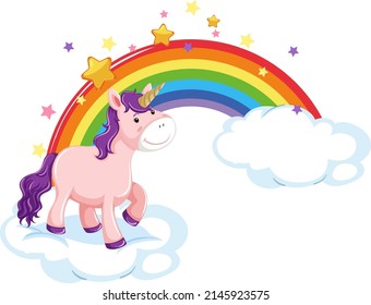 Pink unicorn standing on a cloud with rainbow illustration