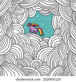 A pink unicorn stands in the clouds.