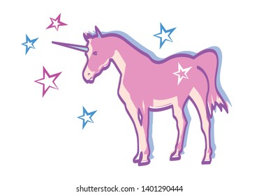 Pink unicorn with stars around it. A unicorn is  asymbol of fantasy and rarity. Editable Clip Art.