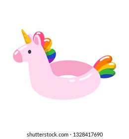 Pink unicorn swim ring. Inflatable swimming circle, summer beach rainbow pool float isolated on white.