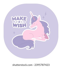 Pink unicorn text make wish. Greeting card, poster