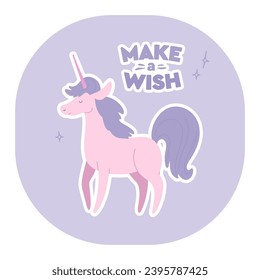 Pink unicorn text make wish. Greeting card, poster