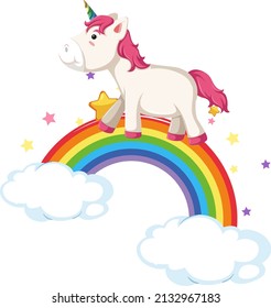 Pink unicorn walking on rainbow in cartoon style illustration