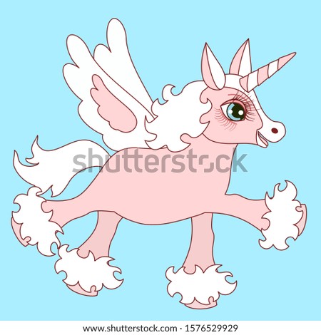 pink unicorn with white wings flies across the blue sky, color vector clip art