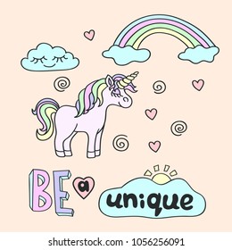 Pink unicorn with yellow horn and rainbow with Be a unique lettering on the pink background