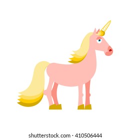Pink unicorn with yellow mane. Fantastic animal on white background. Fabulous beast isolated. Mythical creature with horn
