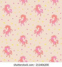 Pink unicorns and gold stars - Beautiful delicate vector pattern 