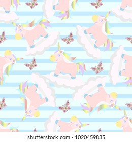 Pink unicorns on the clouds with butterfly seamless pattern. Vector background.