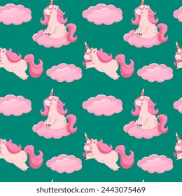 Unicornios rosas en nubes rosas sobre fondo verde patrón sin fisuras