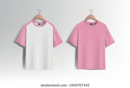 Pink unisex blank t-shirt stylish template sides, natural shape on invisible mannequin, for design mockup print, isolated.