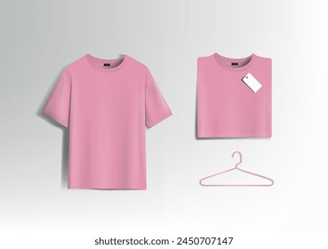 Pink unisex blank t-shirt stylish template sides, natural shape on invisible mannequin, for design mockup print, isolated.