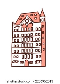 Pink urban building in the classical style with columns with capitals. Old university or museum. Vector illustration isolated on white background