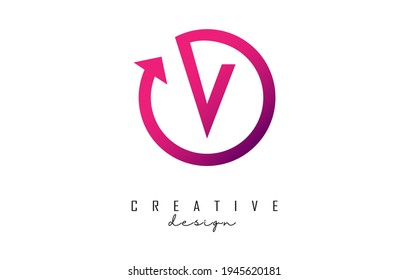 Pink V letter logo design with circle frame and arrow. Creative vector illustration with pink color and letter V.