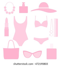 Pink vacation fashion outfits collection - bikini, swimsuit, hat, sunglasses. Isolated vector illustration.