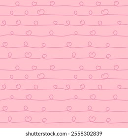 A pink Valentine background with hearts featuring a seamless pattern design. Continue line with thread tied into a heart-shaped knot.