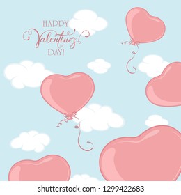 Pink Valentine balloons in the form of Heart on blue sky background. Lettering Happy Valentines Day, illustration. 