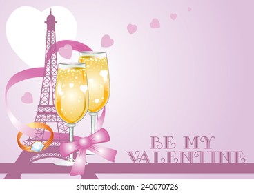 Pink valentine card with Eiffel Tower, heart, champagne and ring