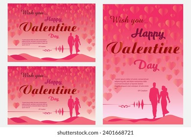 Pink Valentine card, February 14. Vector, Happy valentine day, heart, valentine, king, queen, with couple, card designs  