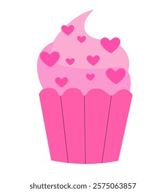 Pink Valentine Day Cupcake with sprinkles hearts. Vector flat illustration.