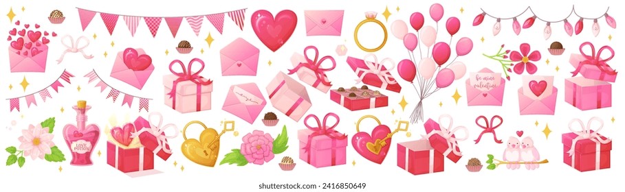 Pink Valentine day objects set. Romantic decoration symbols in realistic cartoon style.