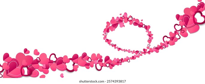 Pink Valentine day pattern with flowing paper heart shapes arranged in swirling dynamic trail. Romantic festive design with papercut love symbols on white background. Mother day or wedding banner.