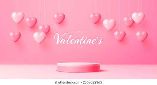 Pink Valentine day podium stage with hanging red hearts, vector background. Happy Valentine Day love holiday greeting with pink glossy hearts hanging on strings and round podium platform or stage