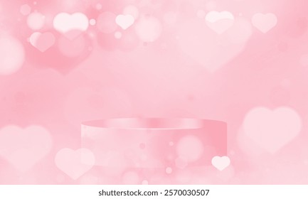 Pink Valentine day podium stage with Happy Valentine Day love holiday greeting with pink glossy hearts hanging or stage Blurred Valentine background design.