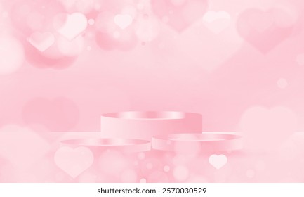 Pink Valentine day podium stage with Happy Valentine Day love holiday greeting with pink glossy hearts hanging or stage Blurred Valentine background design.