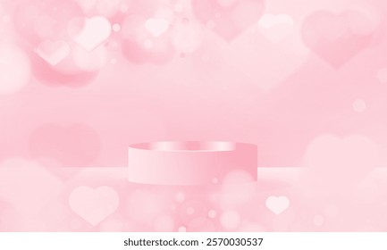 Pink Valentine day podium stage with Happy Valentine Day love holiday greeting with pink glossy hearts hanging or stage Blurred Valentine background design.