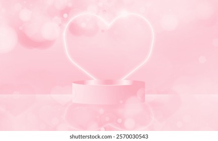 Pink Valentine day podium stage with Happy Valentine Day love holiday greeting with pink glossy hearts hanging or stage Blurred Valentine background design.