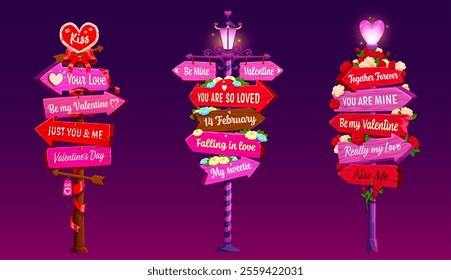 Pink valentine day signage, wooden lovely signboard with arrows and romantic phrases, expressing love and affection in a festive way. Cartoon directional signs featuring messages, hearts and flowers