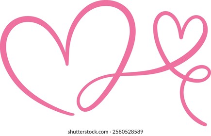 Pink valentine heart vector flourish illustration, swirly hearts loop design, isolated