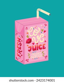 Pink Valentine juice box with hand lettering love juice. Cute festive romantic holiday illustration. Bright colorful pink and blue vector design.