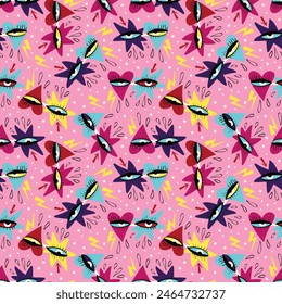 Pink Valentine pattern with magical mystical spiritualistic symbol of the Freaky bizarre eyes in retro glasses