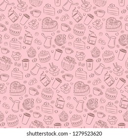 pink valentine pattern pattern of sweets, hearts and coffee elements