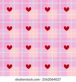 Pink Valentine tartan gingham with heart cute background, vector seamless pattern.