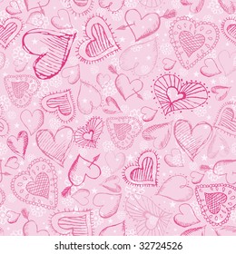pink valentines background with hand drawn hearts, vector illustration