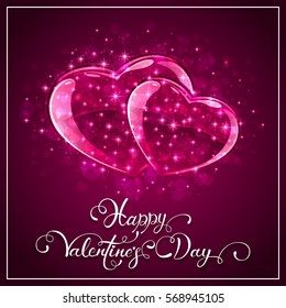 Pink Valentines background with hearts and stars, holiday lettering Happy Valentines Day, illustration. 