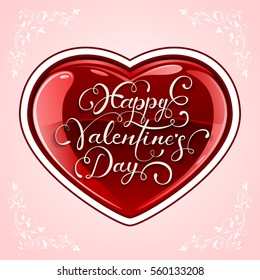 Pink Valentines background with ornate elements and shining red heart with lettering Happy Valentines Day, illustration. 