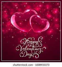 Pink Valentines background with shining hearts. Lettering Happy Valentines Day, illustration. 