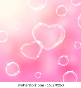 Pink valentines background with soap bubbles in the form of Hearts, illustration. 